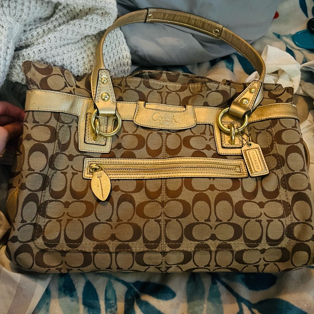 Coach Tan and Gold Signature Shoulder Bag
